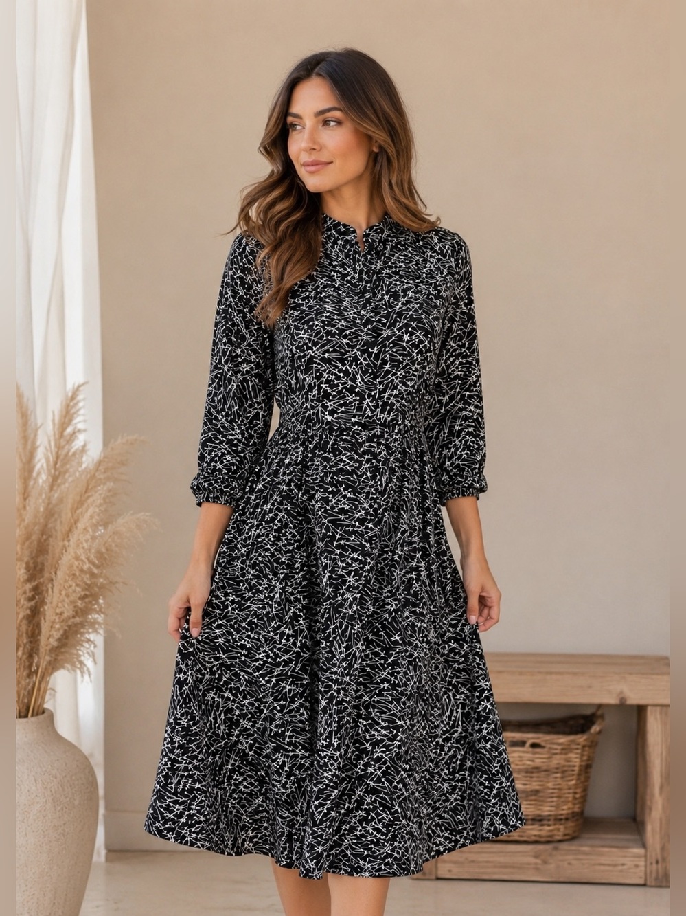 Jacqueline de Yong JDYZOEY Black White Abstract Print Midi Shirt Dress Size 36 S